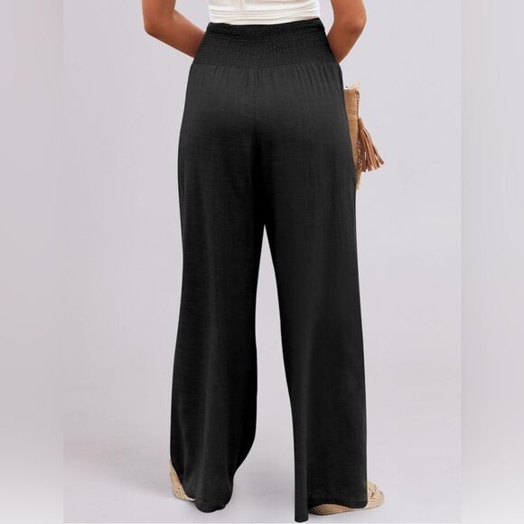 High Waisted Black Linen Palazzo Wide-Leg Pants, Size XL - Picture 2 of 8